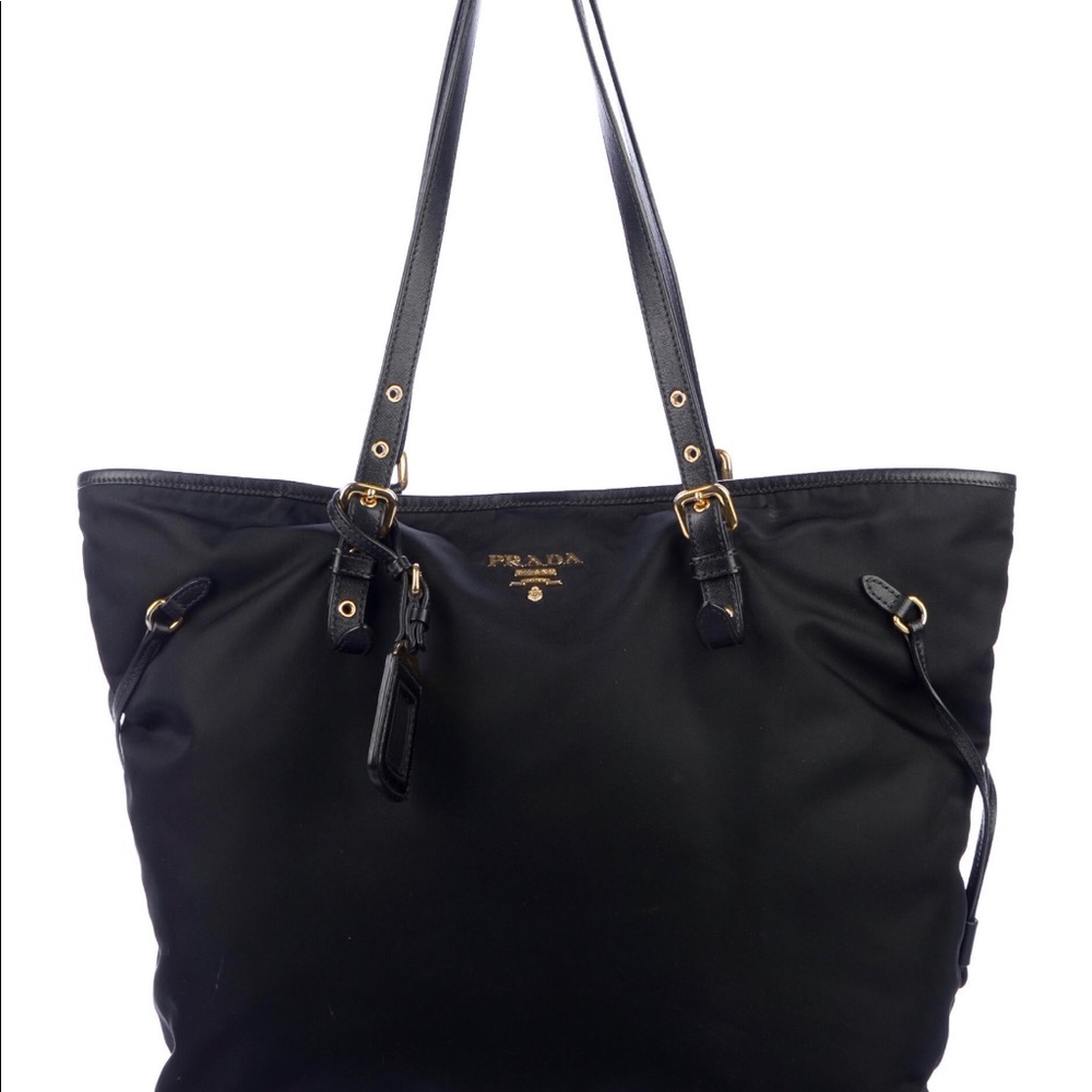 Prada Saffiano-Trimmed Tessuto Tote with wallet.